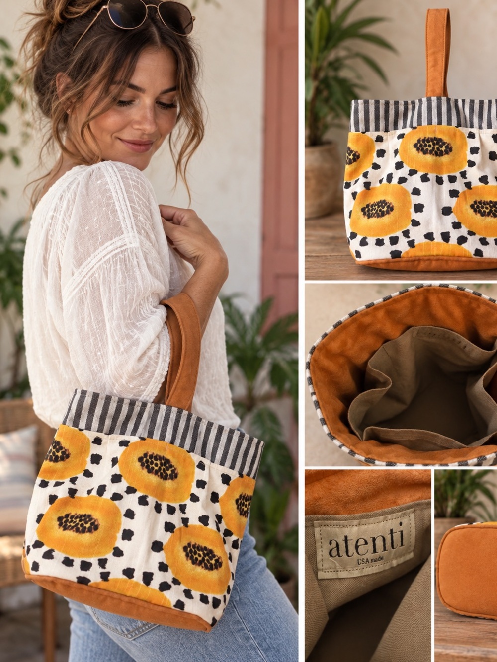 Atenti USA Made Papaya Fruit Print Boho Shoulder Tote Bag